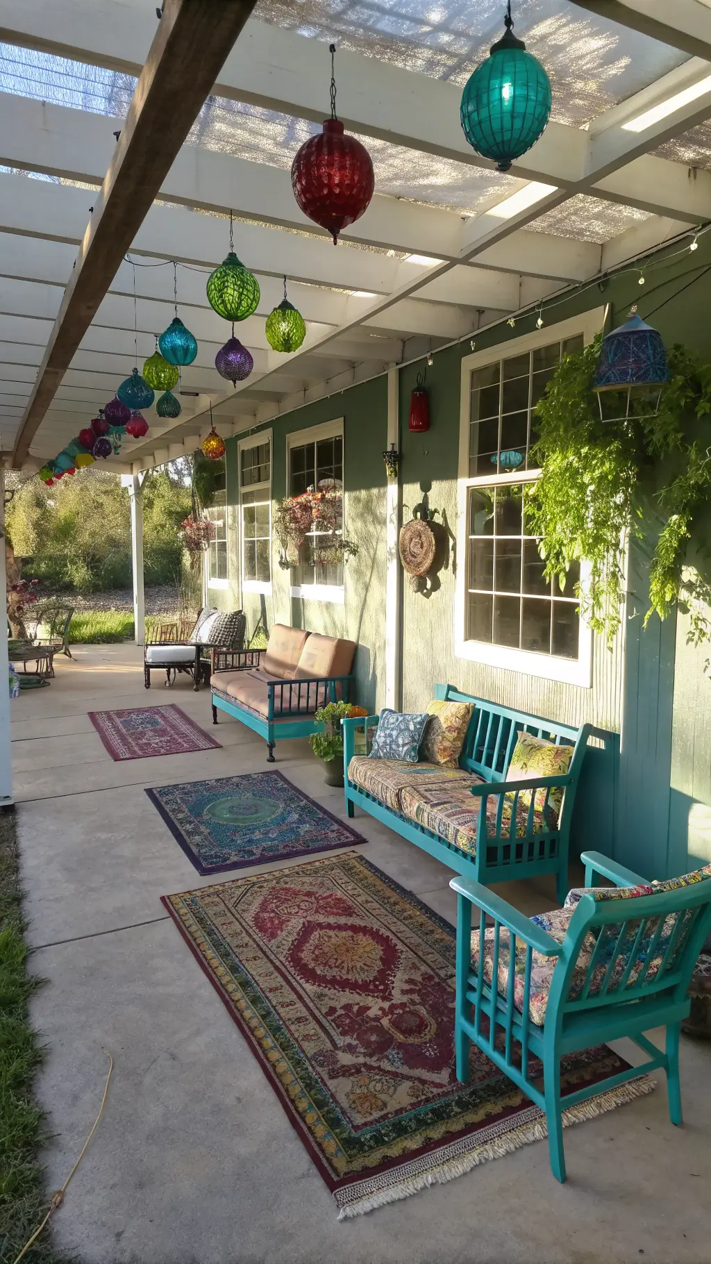 Morning sunlight on a 16x14ft covered patio with antique furniture painted in emerald and sapphire, rainbow glass mobiles, oversized paper flowers on walls, astronomical instruments, and Persian rugs on the concrete floor.