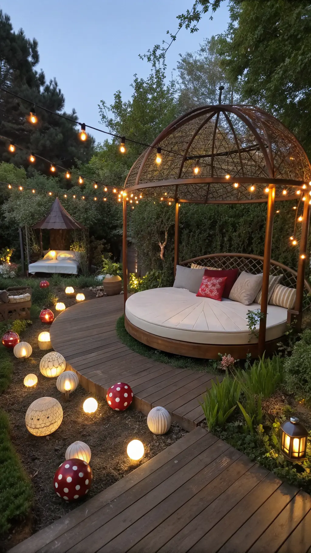 Elevated view of a garden patio at dusk featuring a circular canopy-covered daybed, vintage lanterns, ceramic toadstools, bioluminescent plants, and mirror balls reflecting light across weathered wooden decking.