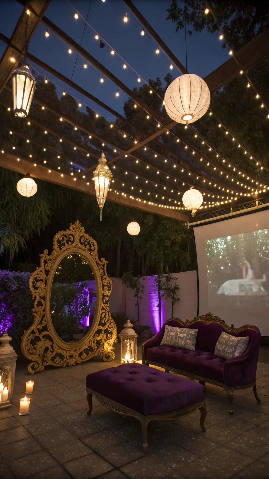 Aerial view of a magical 12x20ft patio at night, adorned with countless LED lights creating a star-filled sky effect, illuminated paper lanterns, floating candles in glass globes, an ornate gilt mirror used as a photo backdrop, deep purple velvet chaise lounges, and a projection wall displaying mesmerizing aurora patterns.