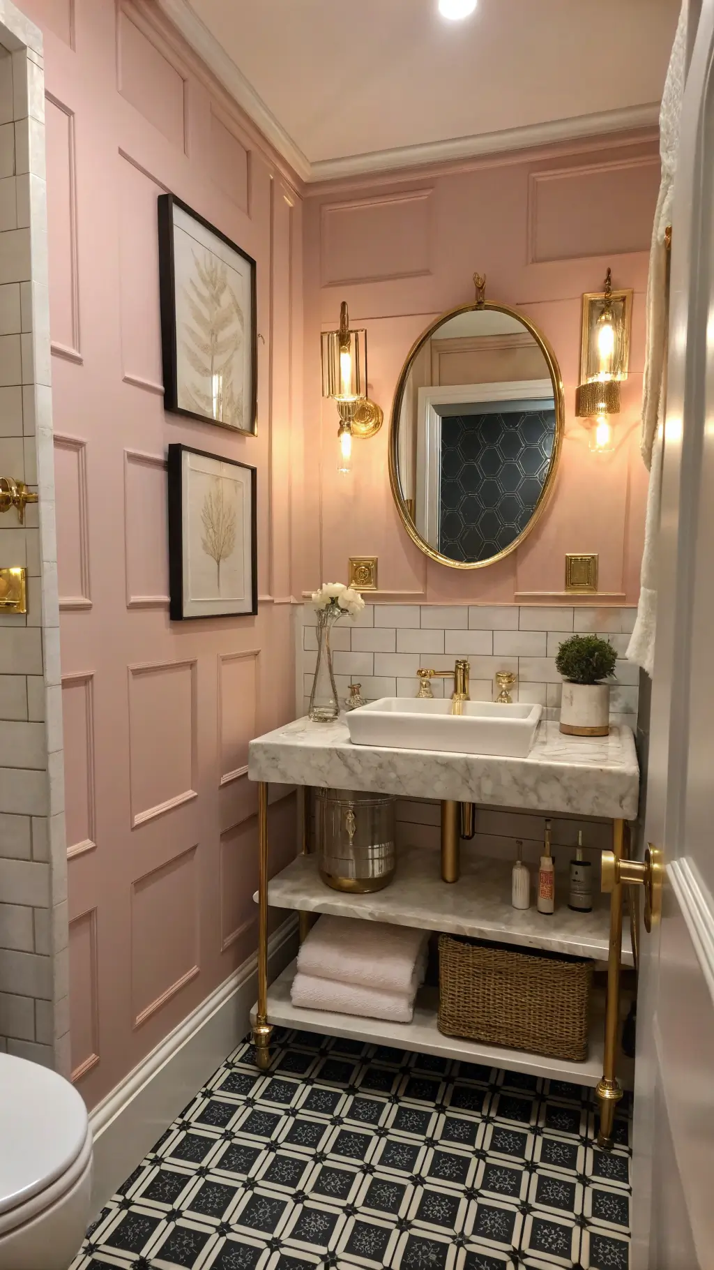 Art Deco-inspired micro bathroom with blush pink walls, gold-framed medicine cabinet, compact marble console sink, black and white geometric floor tiles, wall niches with antiqued mirror backing, and vintage crystal perfume bottles at twilight.