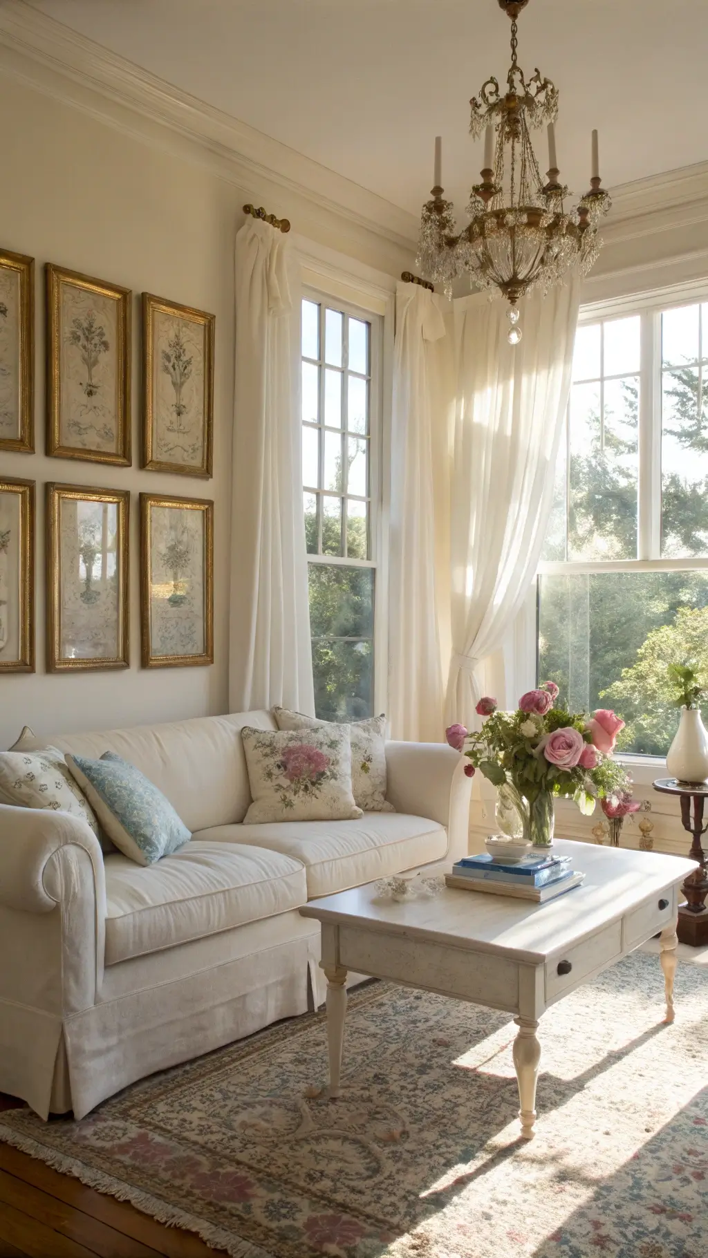 Sunlit living room featuring large bay windows, cream sofa, vintage botanical artworks, distressed coffee table, crystal chandelier, and mercury glass vases with pink peonies, all under a high ceiling.
