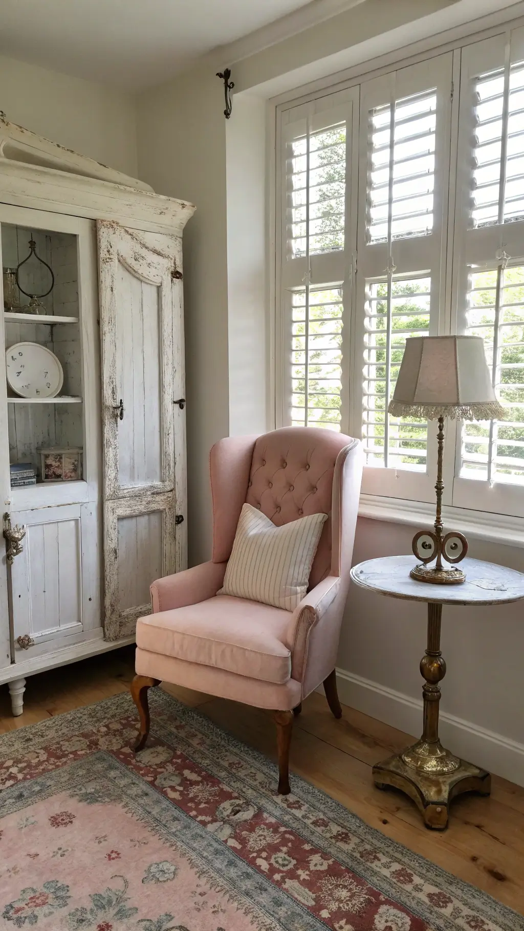 Charming sitting room with window seat, plantation shutters, pink wingback chair, white distressed side table, vintage brass floor lamp, shabby chic cabinet, white ironstone collection and vintage rose-patterned rug on painted wooden floors.