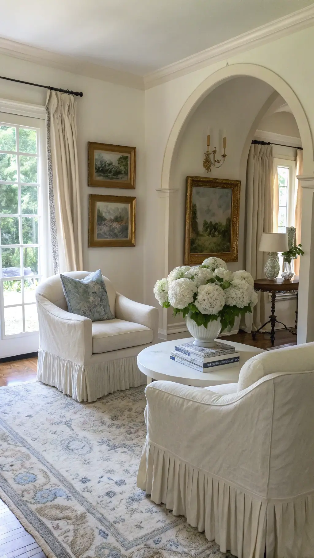Arched doorways in a 15x17ft living room with natural light streaming through curtains, linen bergère chairs, a distressed coffee table with hydrangeas, vintage paintings on the wall, and layered rugs.