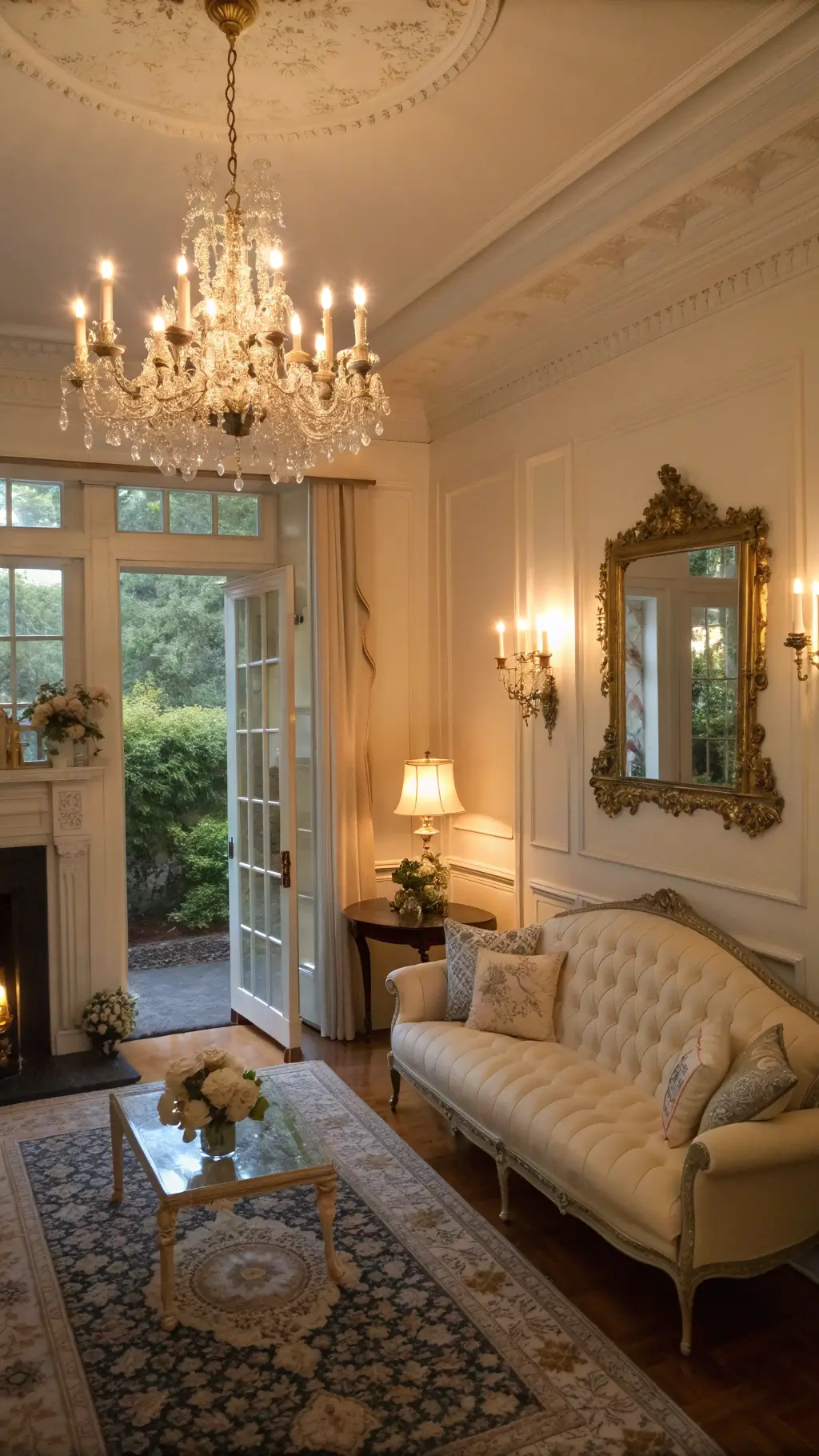 Vintage-inspired romantic parlor with warm lighting, a cream settee and white fireplace, ornate gold mirror, French doors, and antique pine flooring.