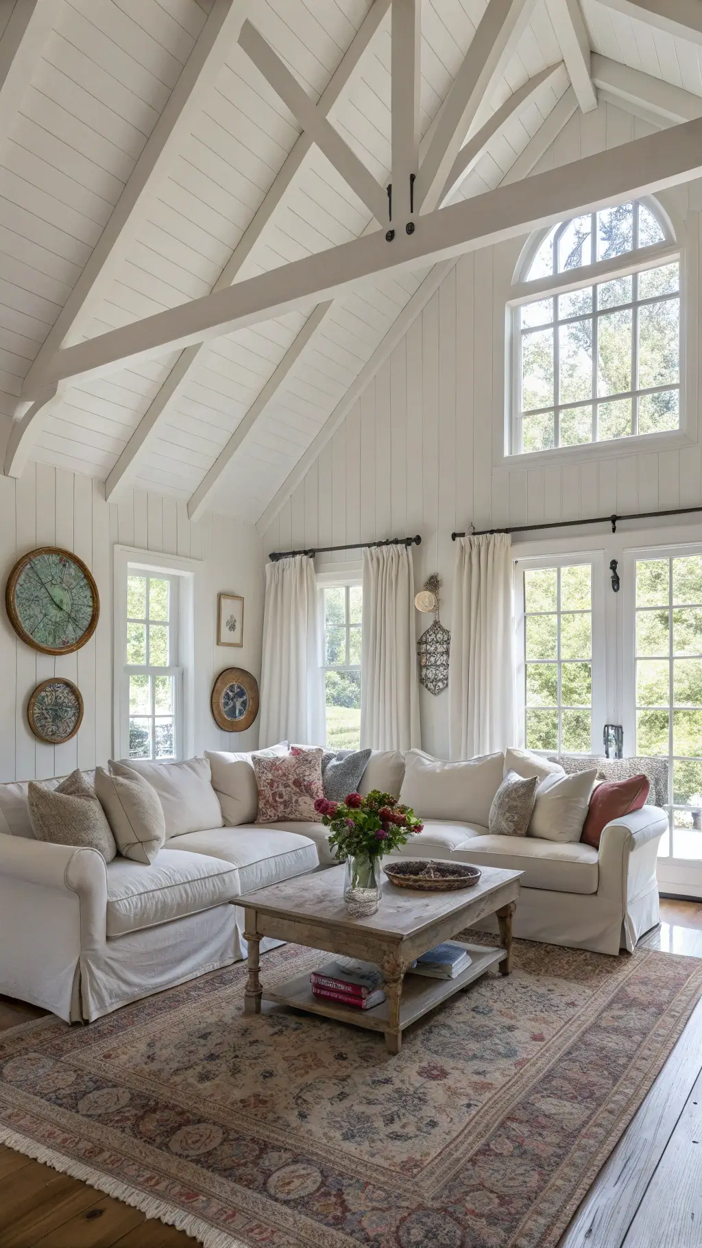 Bright, spacious 16x18ft great room with cathedral ceiling, white-painted exposed beams, oversized sectional with pastel pillows and vintage quilts, distressed farmhouse coffee table on a faded Turkish rug, and a wall of windows with flowing white curtains, viewed from an elevated position, with a collection of vintage mirrors reflecting light.