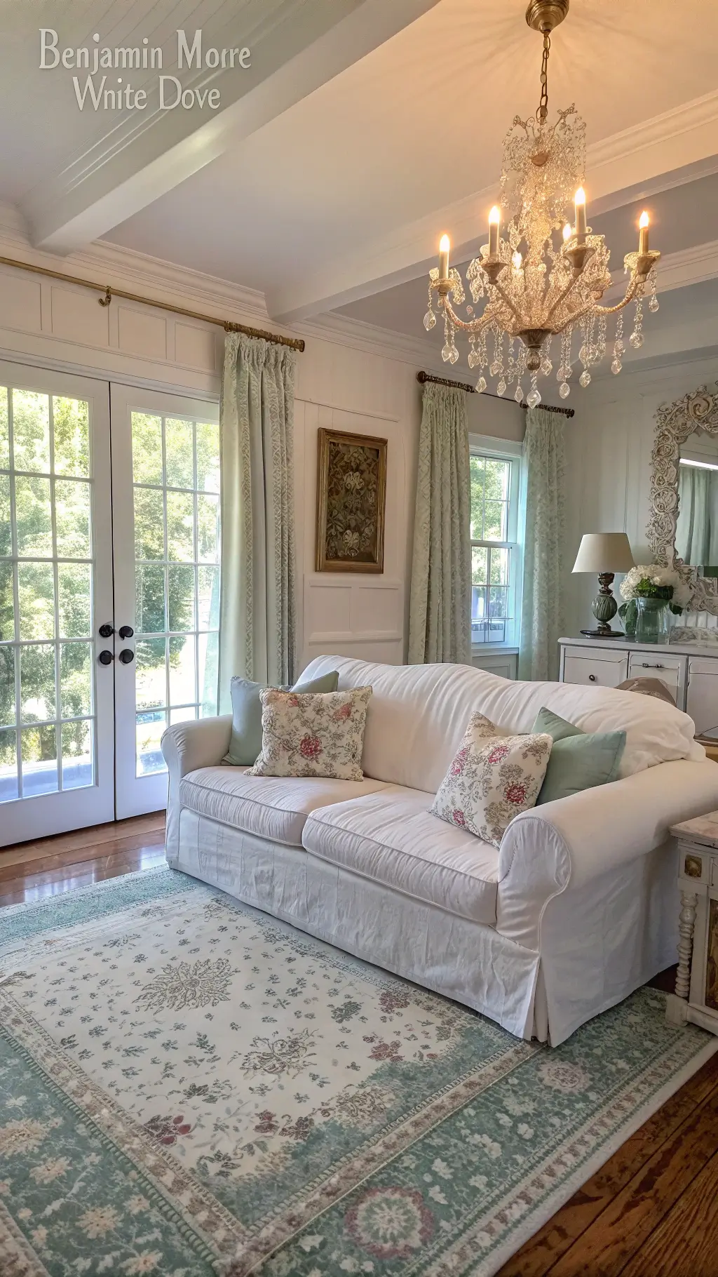 Sunlit living room with high ceilings, white sofa, vintage floral pillows, whitewashed wooden floors, Persian rug, crystal chandelier, and garden view through lace-draped French doors.