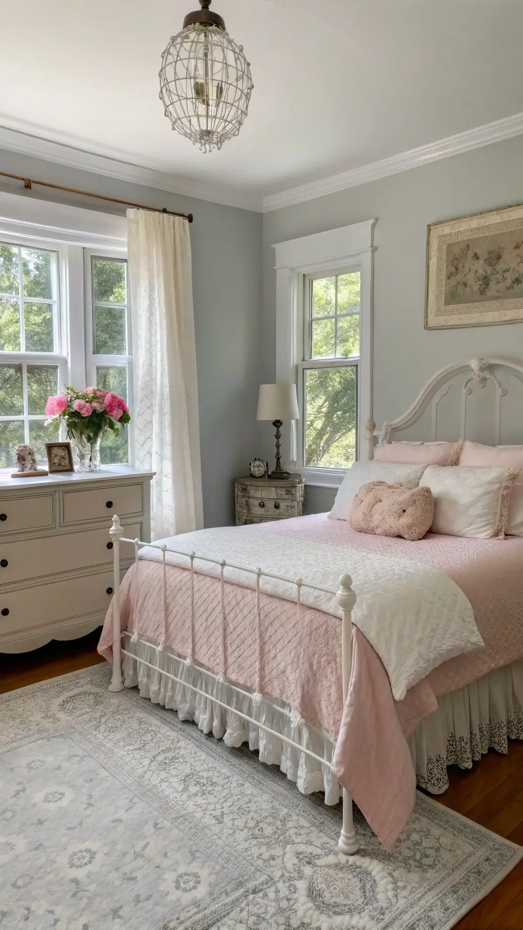 Master bedroom at dawn featuring an antique iron bed frame with layered linens, a dresser with vases of peonies on top, and walls painted in pale gray-blue with distressed architectural elements.