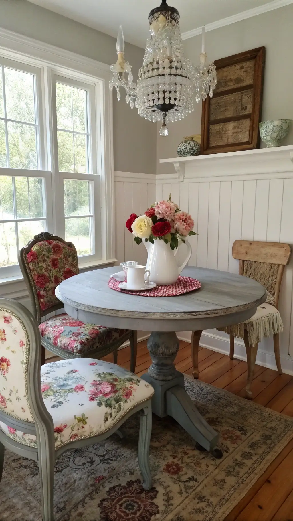 Cozy breakfast nook with beadboard wainscoting, gray table, mismatched vintage chairs, and crystal chandelier, accented with white enamelware pitcher of roses.