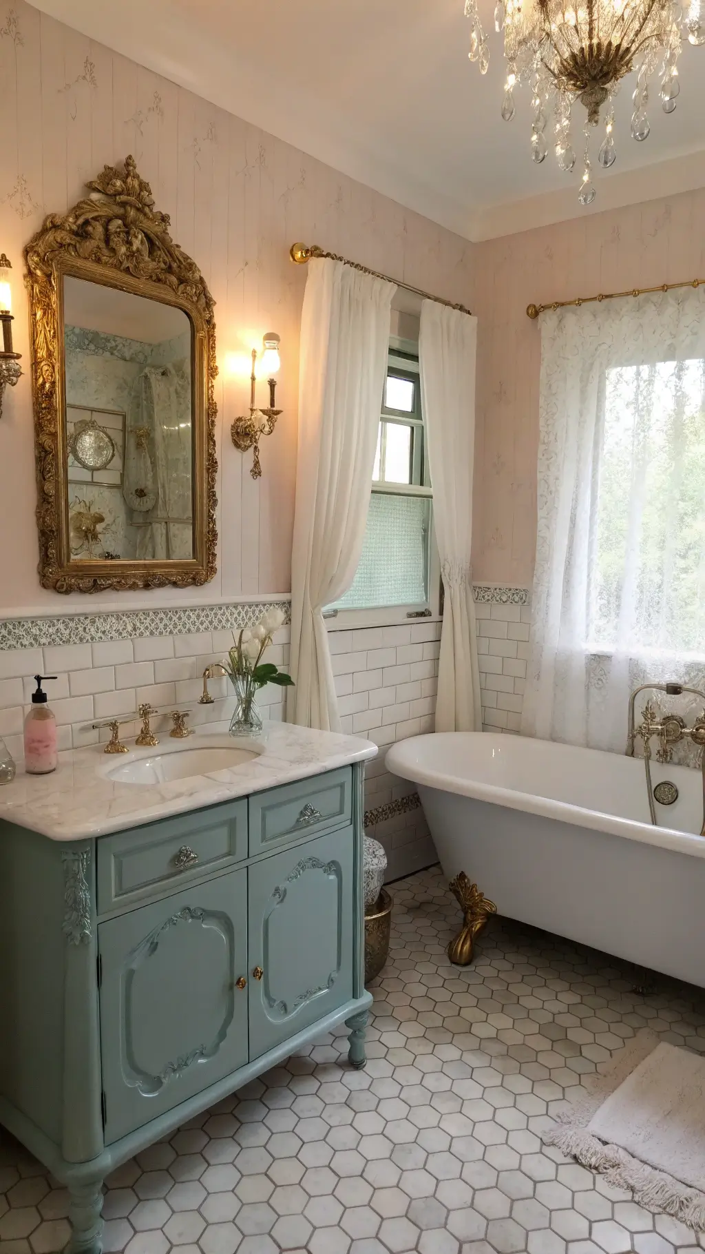 Vintage-style romantic bathroom featuring a clawfoot tub, distressed duck egg blue vanity with gilded mirror, crystal sconces, pale pink walls, white subway tiles, marble hexagon floor tiles, and lace cafe curtains.