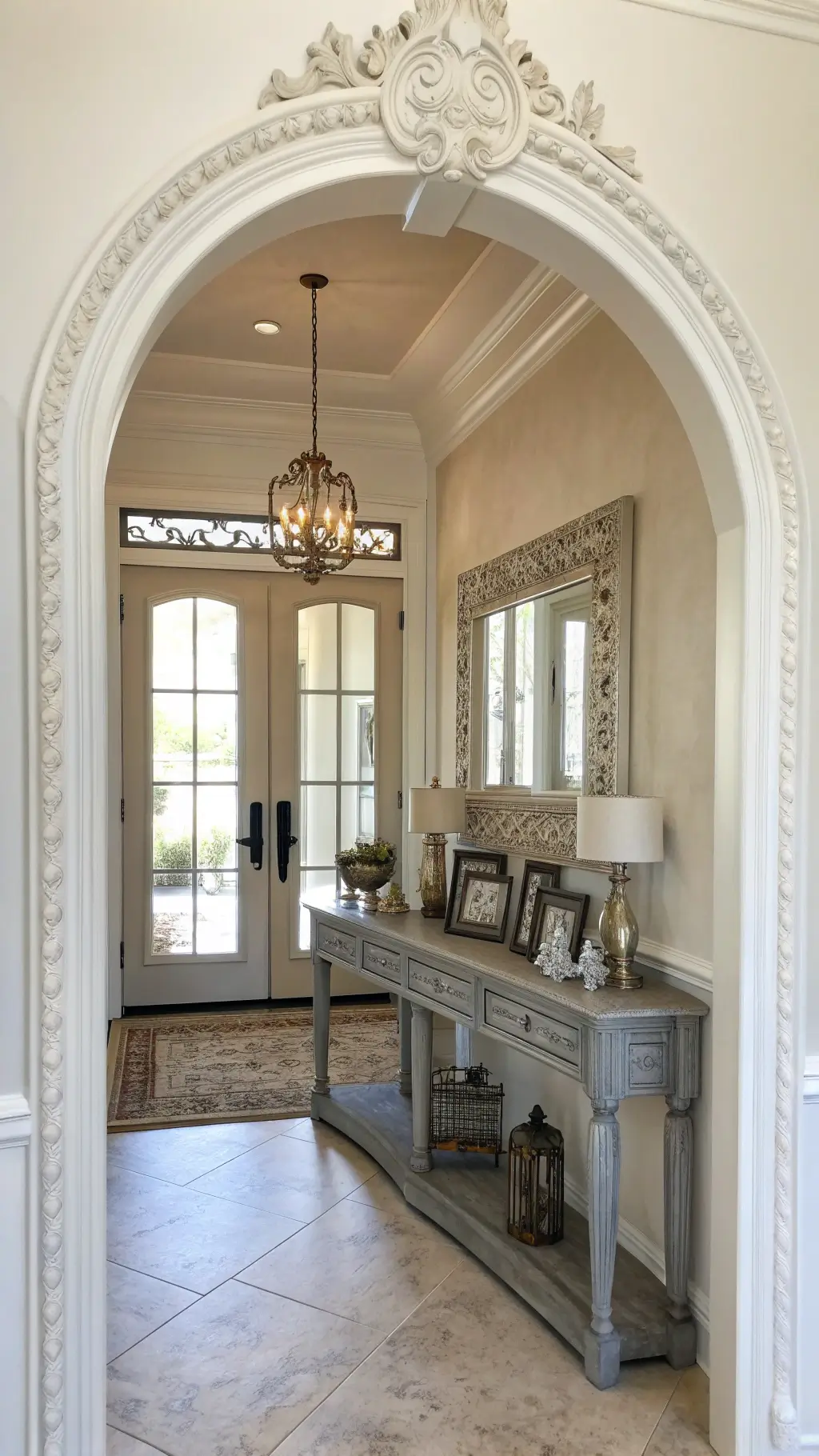 Welcoming entryway featuring an architectural archway, distressed console table with vintage items, gilded mirror, and intricate crown molding