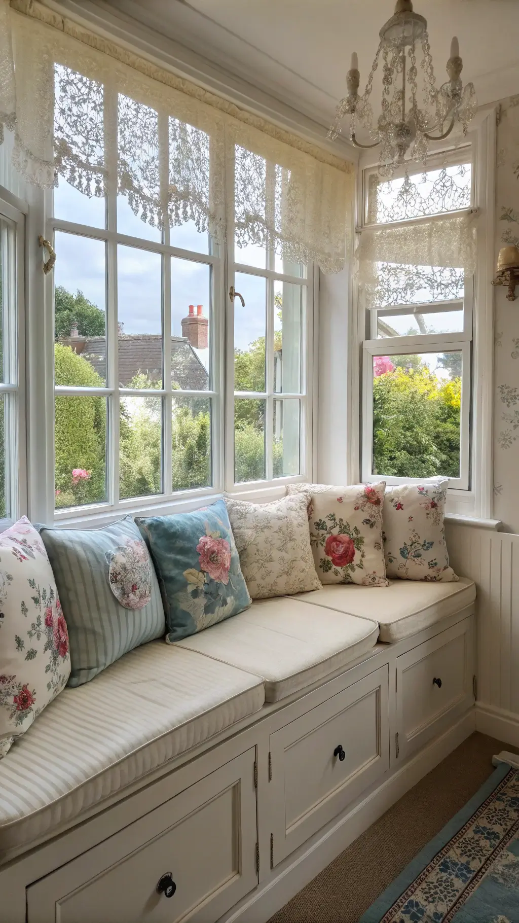 Cozy window seat nook in an alcove with built-in storage, cream linen cushions, vintage floral pillows, distressed white woodwork framing mullioned windows with lace panels, and a crystal pendant, bathed in afternoon light.