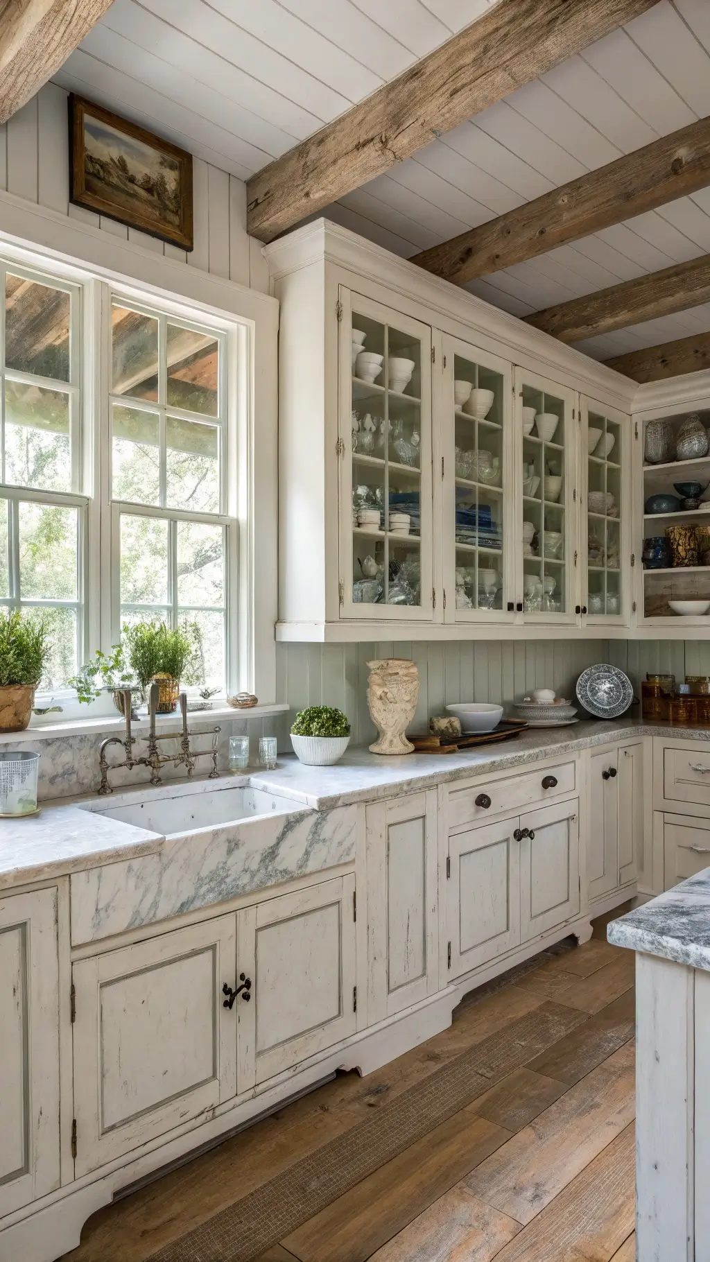 White farmhouse kitchen with vintage ironstone collection, marble counters, open shelving, and weathered wood floors illuminated by morning light.