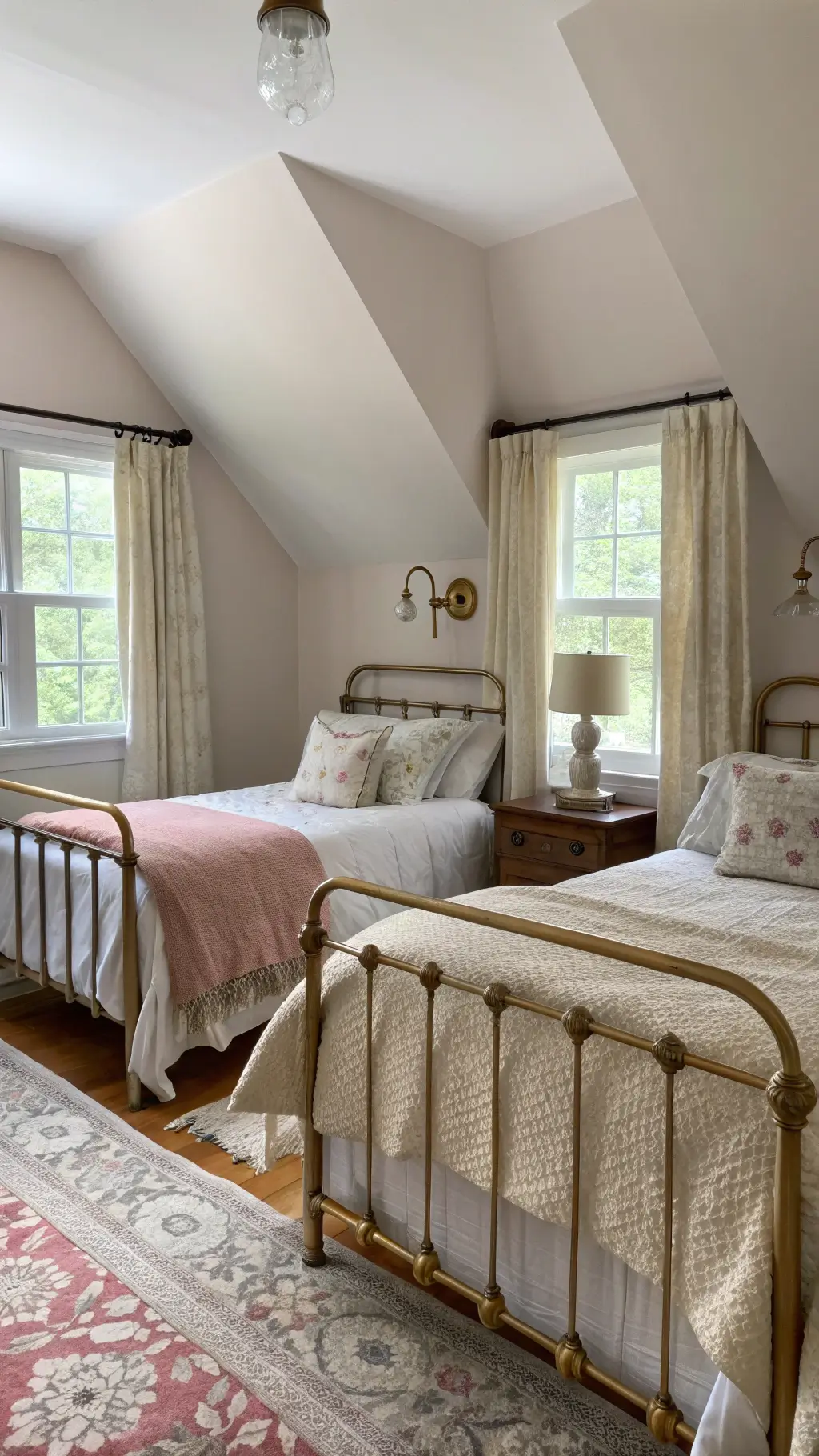 Cozy 11x13 ft guest bedroom with twin brass beds dressed in vintage quilts, a gray distressed armoire filled with transferware, set against blush walls under dormer windows filtered with morning light.