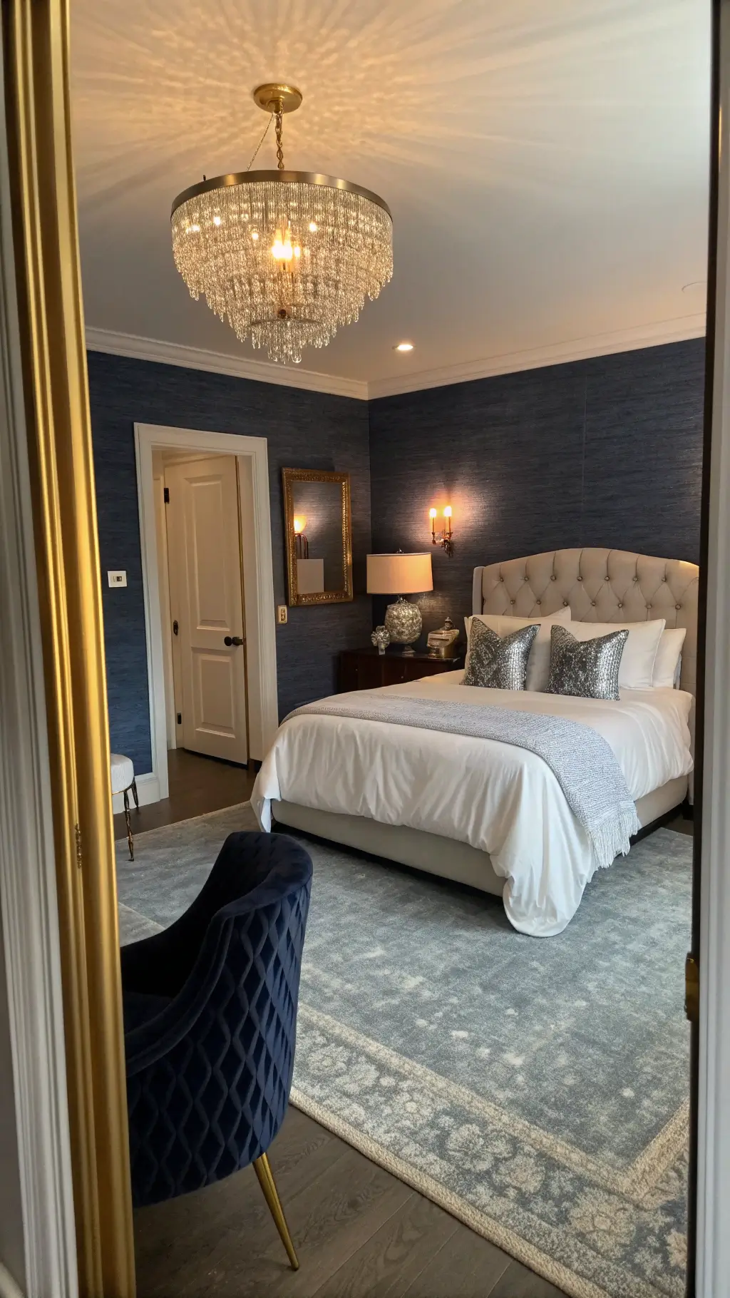 Twilight shot of a luxurious 12x15ft bedroom with blue metallic walls, queen bed in white linens, crystal chandelier, black velvet chair, brass lamp, and antique mirror reflecting candlelight.