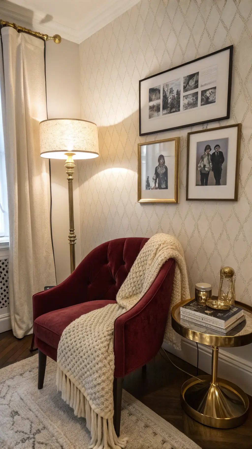 Vintage bedroom corner at dusk with burgundy velvet chair, brass lamp with alabaster shade, ivory textured wallpaper, cream knit throw, and gallery wall of black and white portraits