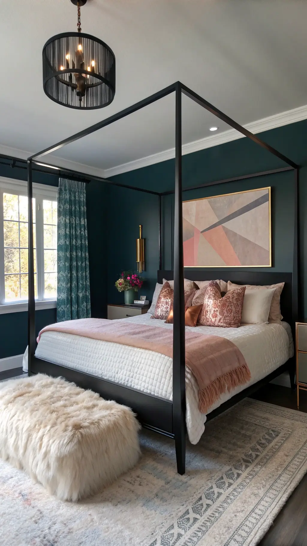 Romantic contemporary bedroom with dark teal accent wall, modern black four-poster bed with white canopy, champagne-colored silk bedding, blush and copper geometric pillows, oversized abstract pastel art, Mongolian fur bench, and dramatic pendant lighting.