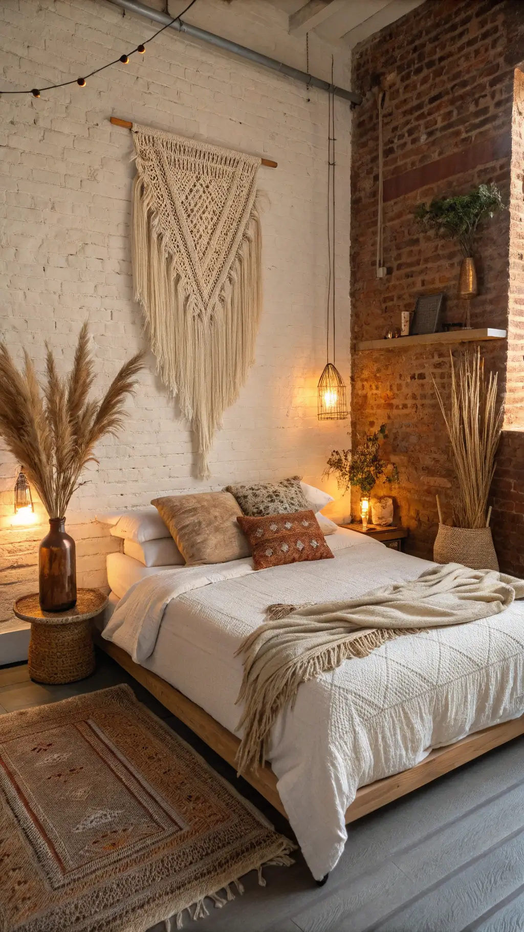 Bohemian-inspired bedroom at sunset showcasing a low platform bed with oatmeal linen bedding, a vintage Moroccan wedding blanket, a macramé wall hanging, exposed warm white brick wall, copper and brass accents, and a tall ceramic vase with dried pampas grass.