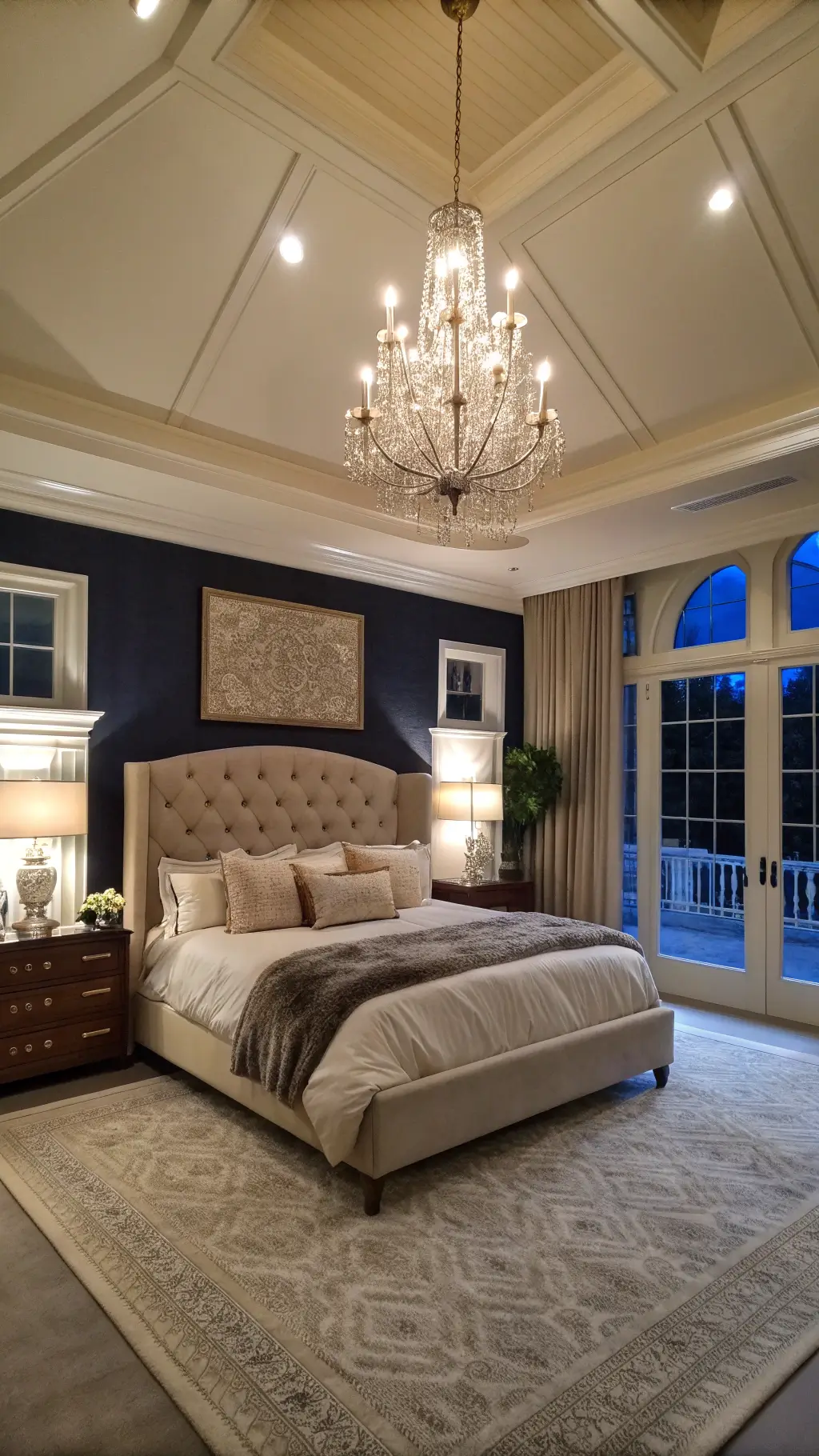 Luxurious 16x18ft master suite with 10ft ceilings, dark navy accent wall, four-poster bed dressed in sateen and faux fur, under a dimmed crystal chandelier, complemented by mercury glass table lamps.
