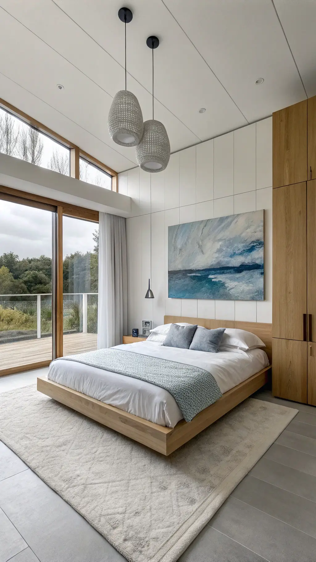 Midday view of a contemporary 15x17ft bedroom with minimalist light oak bed, white built-in wardrobes, sheer linen dressed windows, blue and gray abstract canvas and suspended ceramic pendant lights.