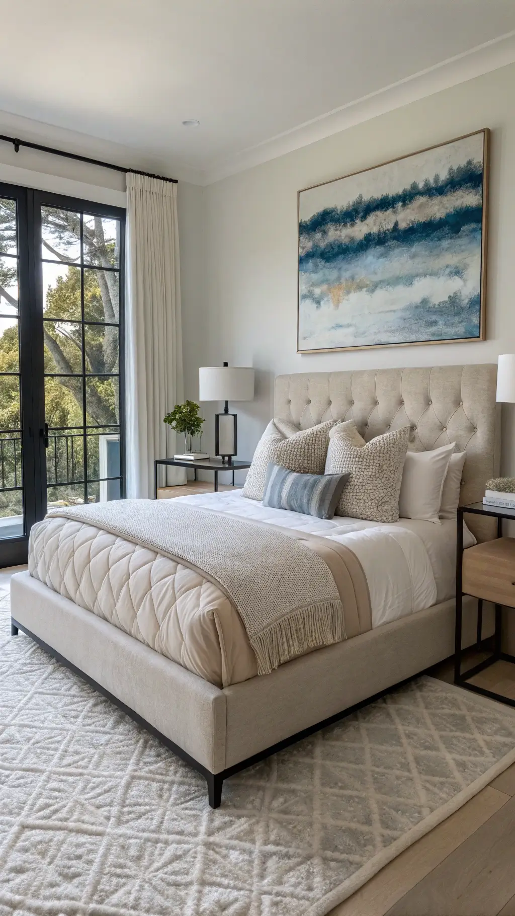 Bright and spacious 13x15ft bedroom with a beige linen upholstered bed, minimalist black metal side tables with ceramic lamps, large-scale abstract artwork in blues and grays, and layered neutral-toned bedding, photographed from a corner position.