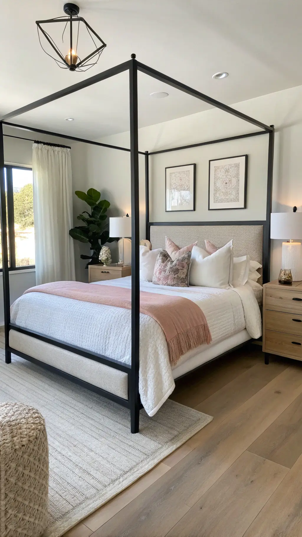 Bright, spacious 15x18ft bedroom with afternoon sunlight, featuring a modern black metal canopy bed, light oak floating nightstands, large white ceramic lamps, hotel-style white linens, blush accent pillows, and a series of black and white photos.