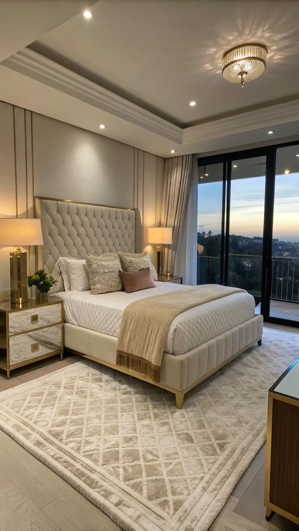 Elevated view of a sophisticated 16x16ft bedroom at twilight, adorned with a cream bouclé upholstered queen bed, brass-accented nightstands with marble tops, modern smoked glass table lamps, and white linen floor-to-ceiling drapes. The bed is layered with silk sheets, a quilted coverlet, and euro pillows in neutral tones.