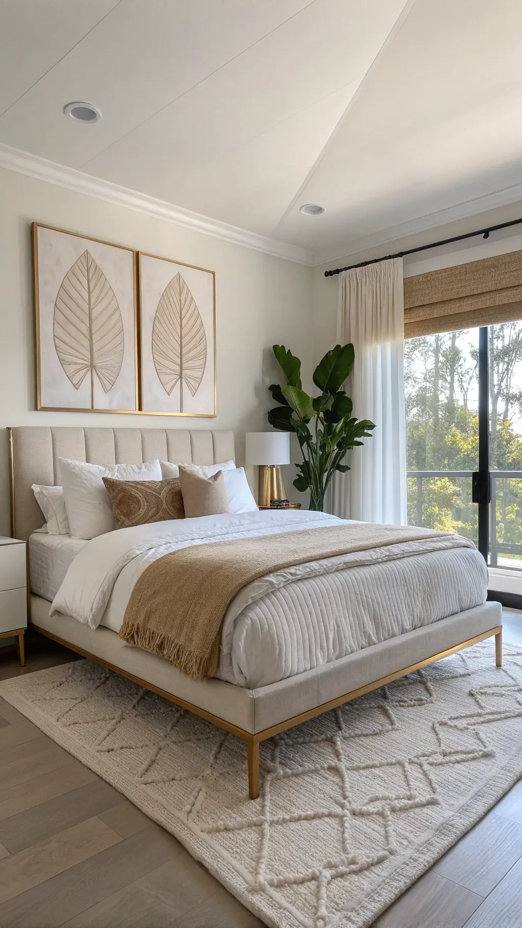 Minimalistic 15x15ft bedroom with low-profile brass bed, abstract neutral-toned art, fiddle leaf fig and selenite crystals, shot at midday with light filtering through roman shades.
