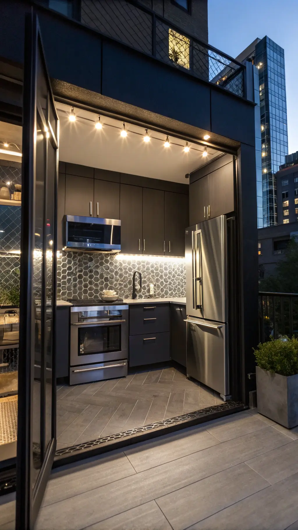 Contemporary 7x9ft micro loft kitchen with high-gloss charcoal cabinets, stainless steel appliances, LED illuminated floating shelves, and geometric tile backsplash, highlighted by evening light and cool LED lighting for a modern mood.
