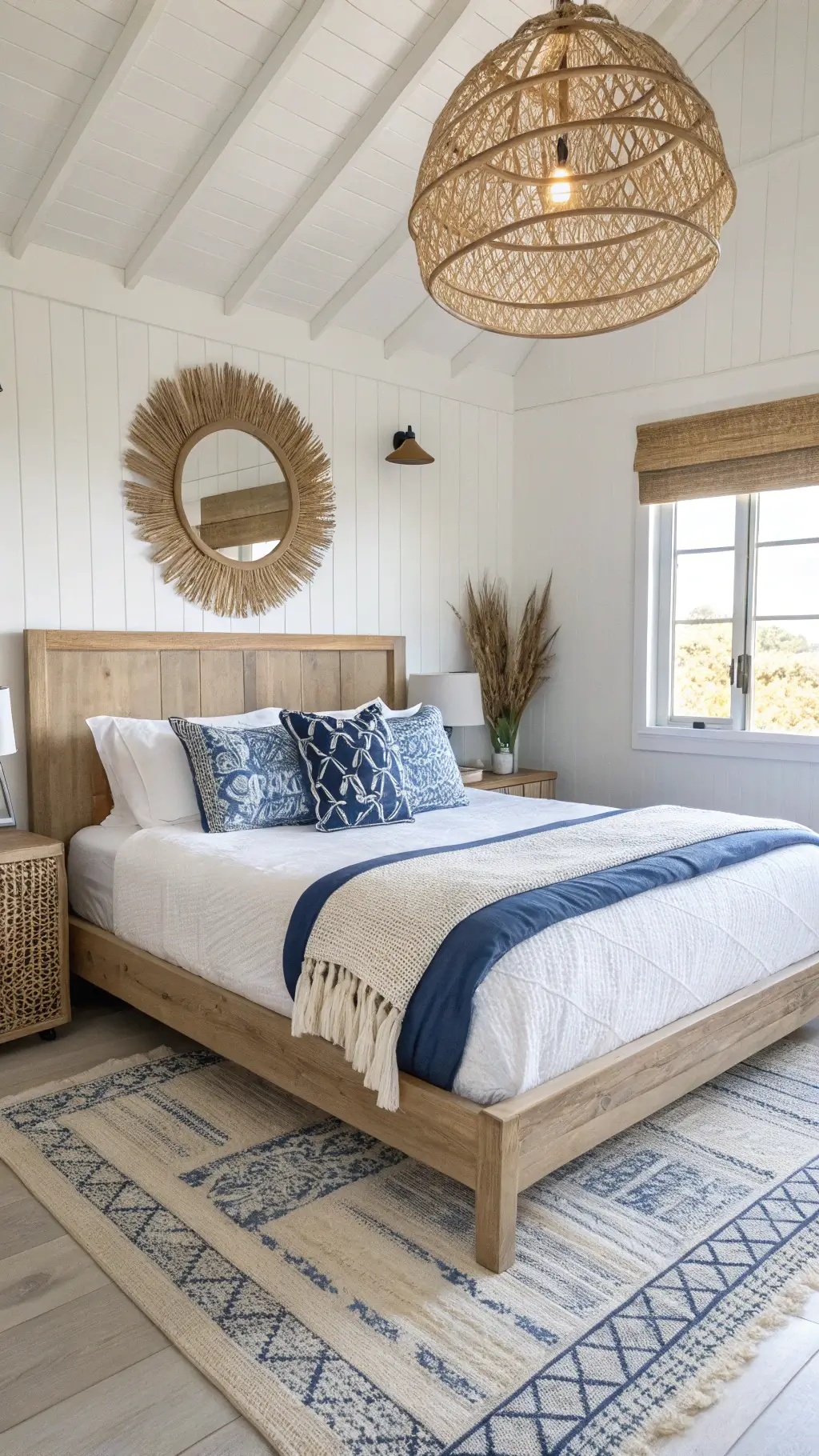 Boho coastal bedroom with a light oak platform bed, white cotton bedding, vintage indigo pillows, rattan pendant light, woven grass decor, driftwood mirror, and layered pale jute rugs on whitewashed floors in bright midday lighting.