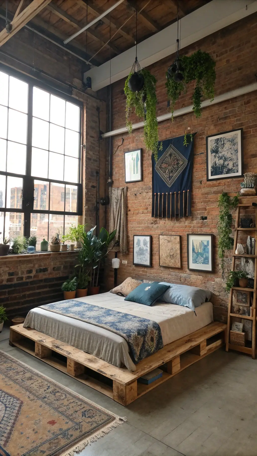 Artist's boho bedroom sanctuary featuring industrial windows, exposed brick wall, floating reclaimed wood bed, vintage art collection, plants, crystals, indigo-dyed textiles, handwoven wall hangings, natural lighting, creative workspace integration in a documentary-style photograph.