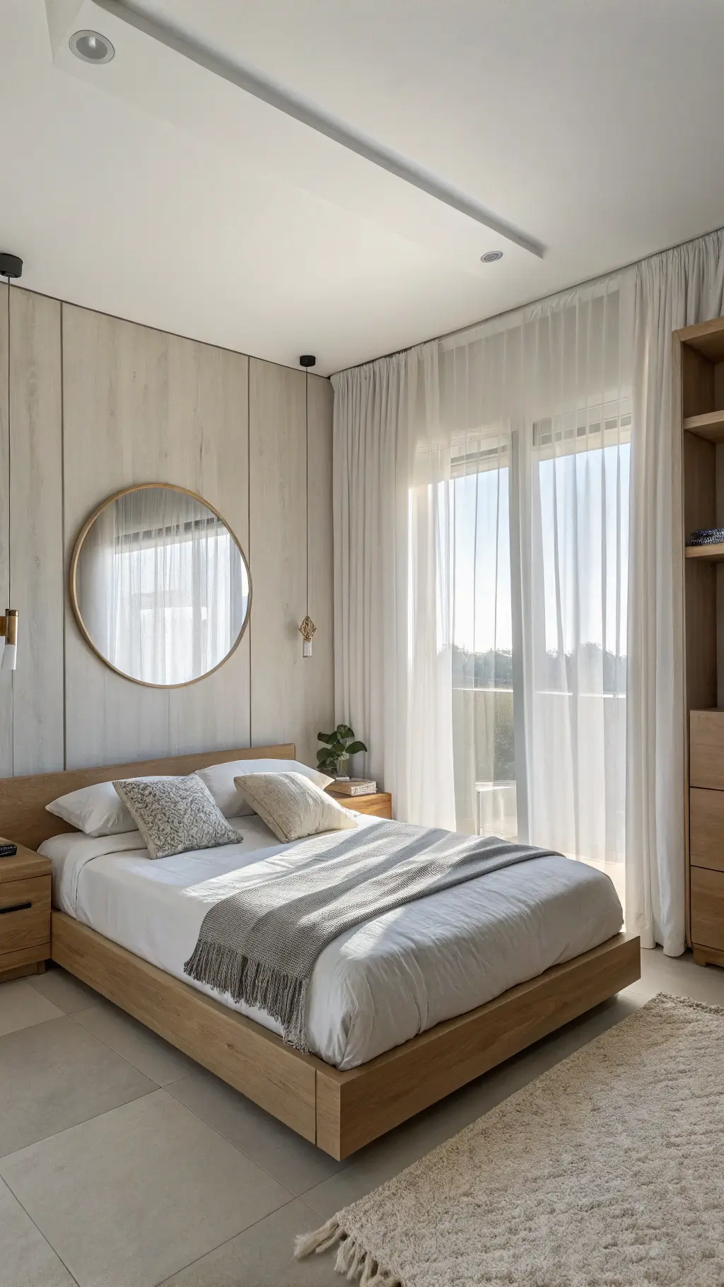Minimalist bedroom with light oak platform bed, white bedding, gray throws, and cream pillows, reflected natural light from a large round mirror, and a white built-in wardrobe, bathed in morning light.