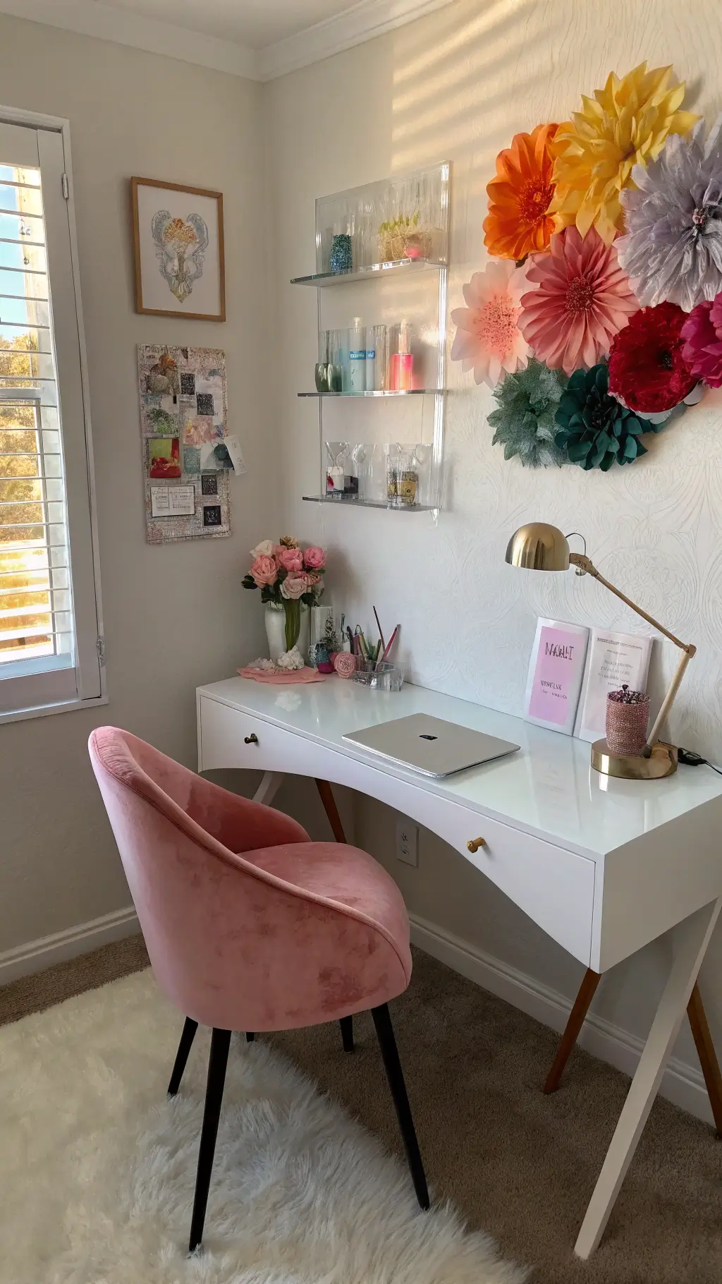 Artful bedroom workspace with glossy white desk, pink velvet chair, and 3D paper flower wall installation during the golden hour.