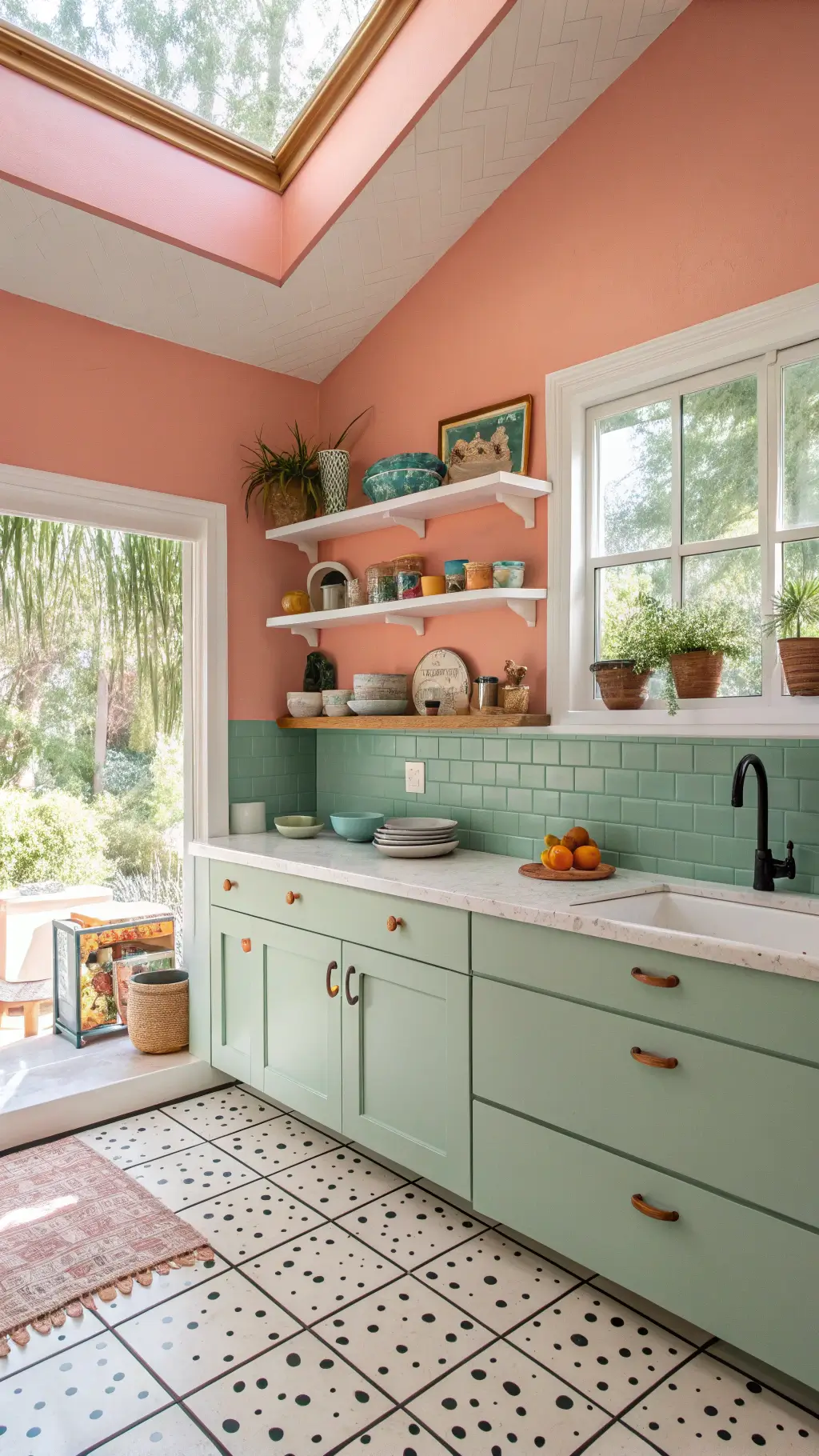 Morning-lit corner kitchen with mint green statement wall, coral pink ceiling, white oak floating shelves with colorful pottery, terrazzo countertops, geometric floor tiles, vintage Persian runner, brass accessories and trailing plants.