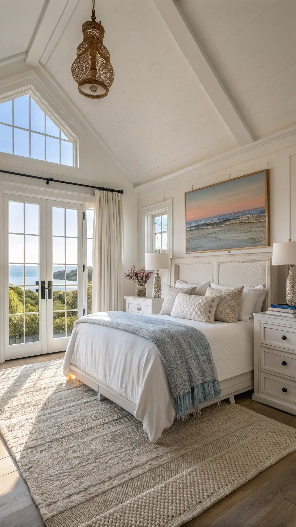 Bright, sun-filled 14x16ft bedroom with bay windows, ivory slipcovered queen bed, whitewashed oak nightstands and dresser, layered textures of white linens, blue chunky knit throw, a jute rug, and brass wall sconces around a seascape artwork.