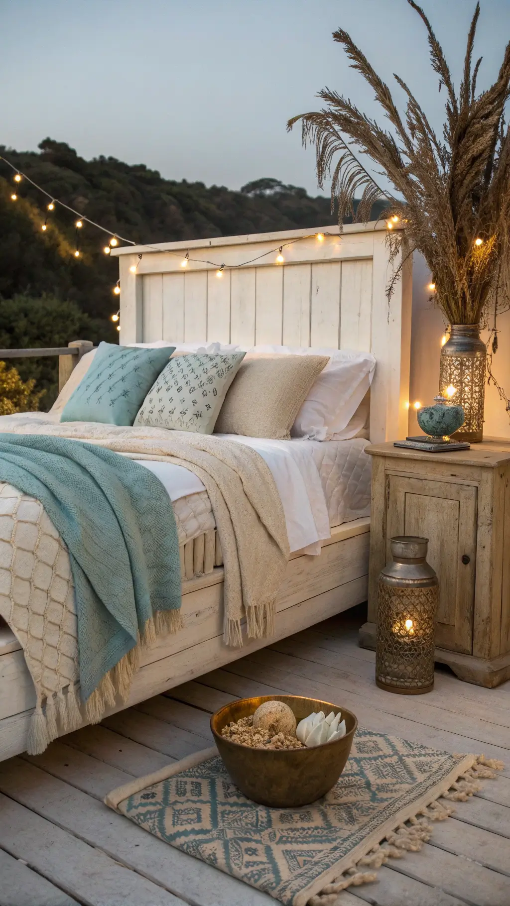 Whitewashed wooden bed with stonewashed linen duvet, blue knit throws, and beige pillows at dusk, with shells in brass bowl and dried palm fronds in ceramic vase at bedside.
