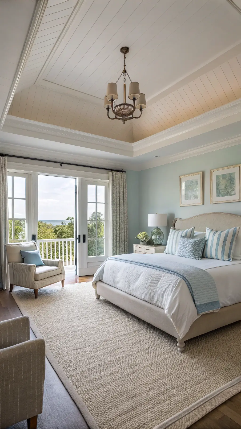 California king bed with white bedding and blue striped pillows in a spacious 16x18ft primary bedroom with 'Borrowed Light' tray ceiling, cream linen armchair on sisal rug and French doors leading to the balcony, taken from the doorway at f/8 aperture.