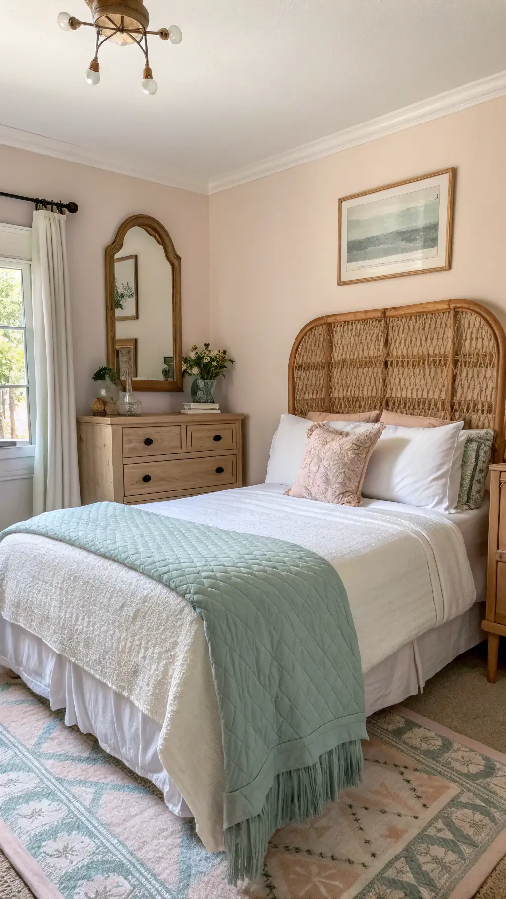 Cozy guest bedroom with pale blush walls, twin bed with rattan headboard, layered bedding, vintage brass mirror above wood dresser at sunrise