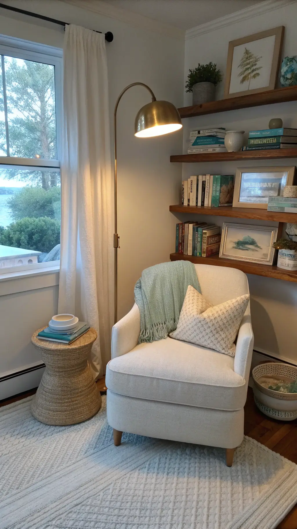 Twilight view of a serene bedroom corner featuring a reading nook with an ivory linen armchair, brass floor lamp, floating shelves with coastal pottery and art books, atop a handknotted cream and pale blue wool rug with sheer panels filtering afternoon light.