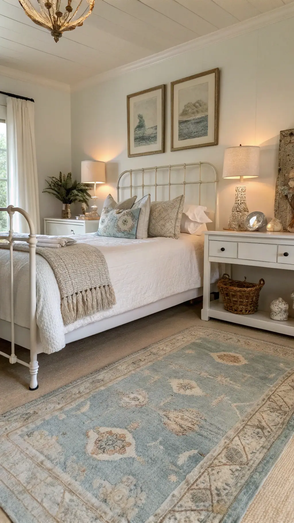 Sophisticated guest room with white iron bed, cream and sand linens, blue and beige vintage kilim rug, and shell and coral decorations on whitewashed console, backlit for atmospheric glow