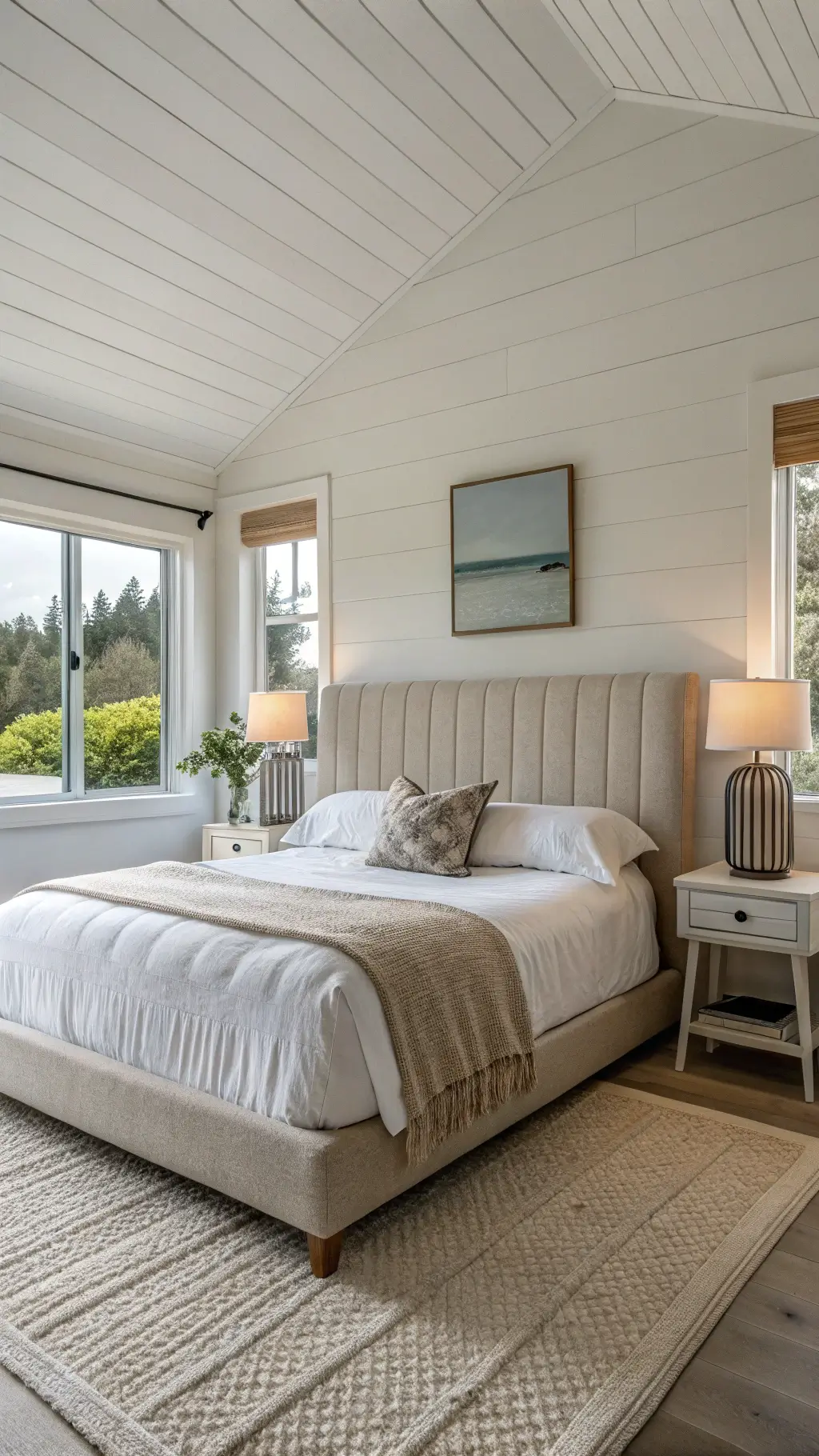 Low-profile upholished bed with white bedding and textural throws in a minimal 13x15ft bedroom at dawn, highlighted by ceramic table lamps on shiplap accent wall, shot from a low angle to emphasize ceiling height.