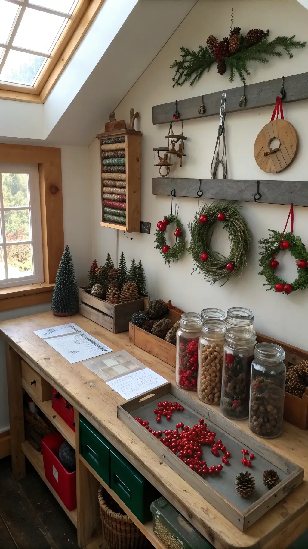 Overhead view of a craft room with a vintage workbench holding jars of pinecones, wooden ornaments, and red berries, and a drying rack with wreaths and garlands on the wall, illuminated by afternoon light from skylights.