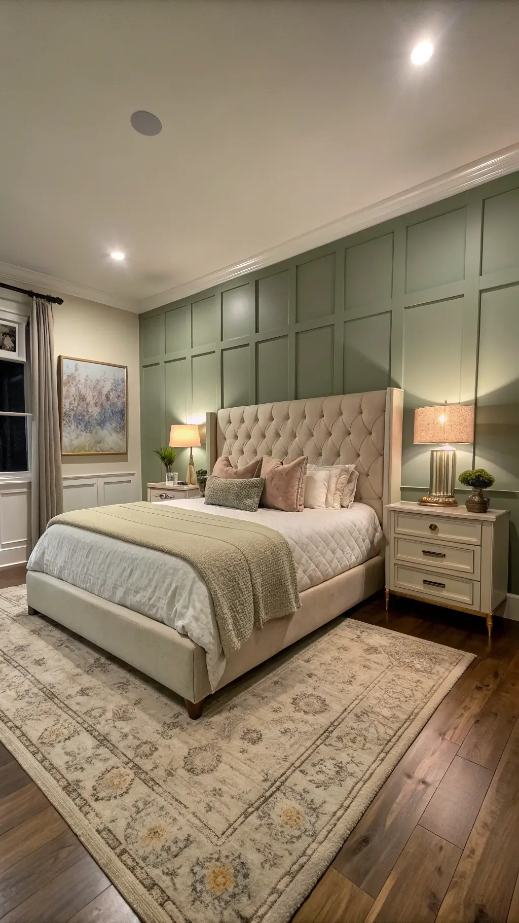 Primary bedroom with sage green feature wall, king-sized bed with cream headboard, brass nightstands, and abstract canvas, lit by dramatic uplighting at dusk.