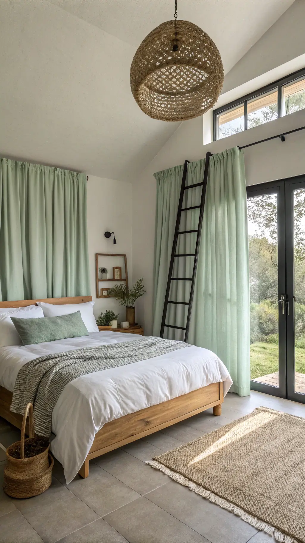 Modern bedroom featuring floor-to-ceiling sage green curtains, bleached oak platform bed with minimal white bedding and rattan pendant light, with a black metal ladder shelf adorned with objects and plants.