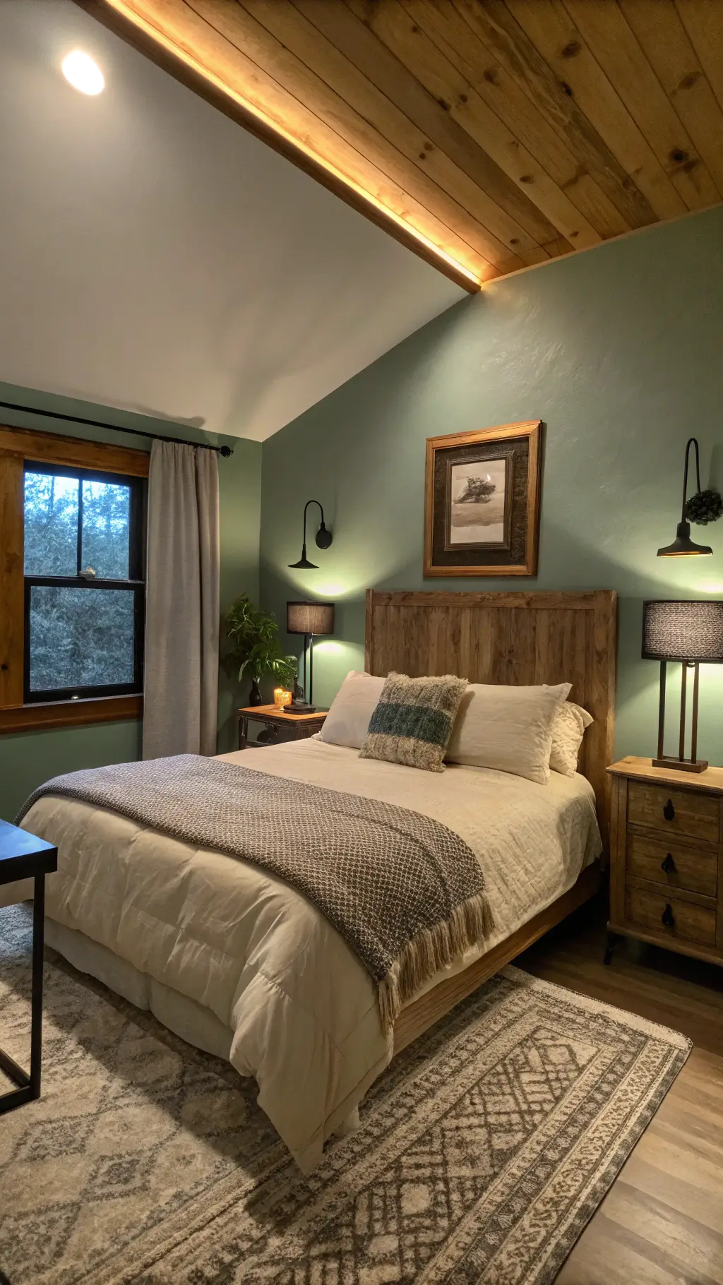 Cozy 10x12ft bedroom with sage green ceiling and warm LED lighting, layered bedding in sage and cream, minimalist black metal side tables with smoked glass lamps, and oversized mirror with aged brass frame during blue hour.