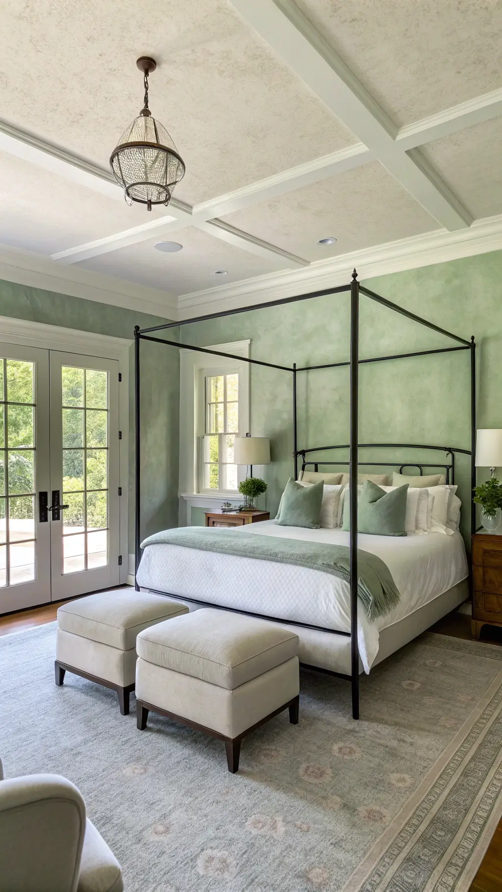 Spacious and airy 14x14ft bedroom with sage green venetian plaster walls, a black canopy bed with white bedding and sage throws, an oversized white ottoman and pair of linen arm chairs near French doors, photographed from a high angle at midday in natural light at f/8.