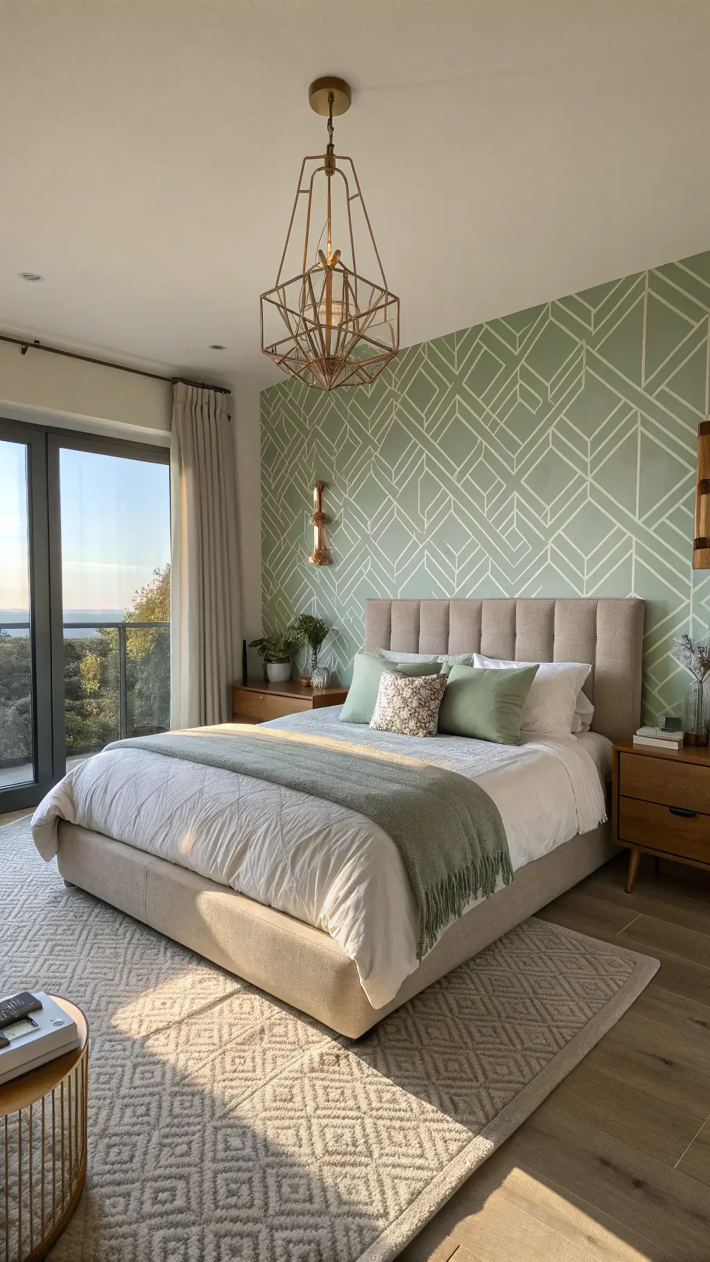 13x15ft contemporary bedroom at sunset, featuring geometric sage green wallpaper, low-profile oatmeal linen bed with sage bedding layers, as well as a unique brass mobile chandelier casting artistic shadows, and floating wooden shelves displaying ceramics. Captured from a three-quarter view at f/4.5 to highlight depth and dimension.
