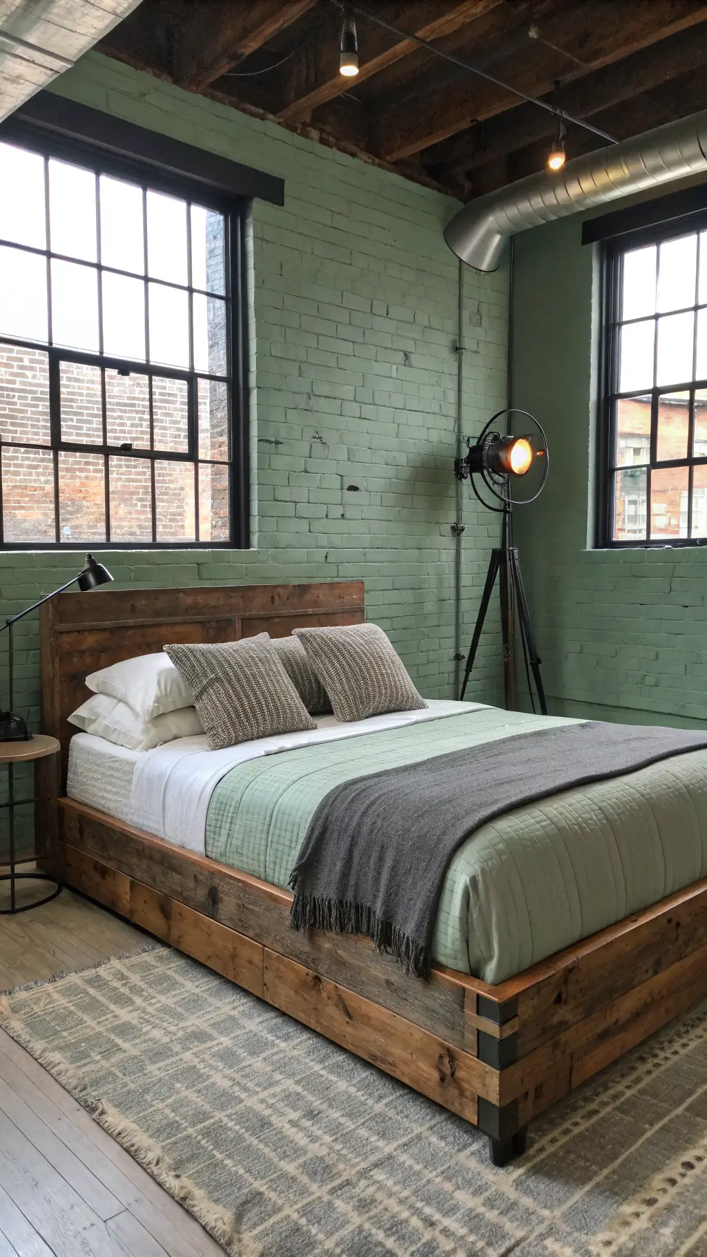 Industrial-style bedroom with sage green brick walls, black steel windows, reclaimed wood platform bed with grey linen headboard, and textured bedding in sage and grey. Features include a vintage industrial floor lamp and floating metal shelves with vinyl collection.
