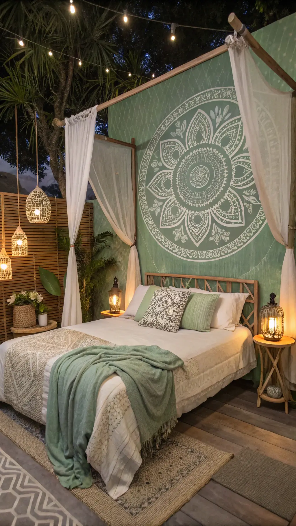 Bohemian bedroom at twilight with sage green mandala accent wall, vintage-wash linen bedding, macramé canopy, Moroccan brass lanterns, and vintage decor on raw wood shelves