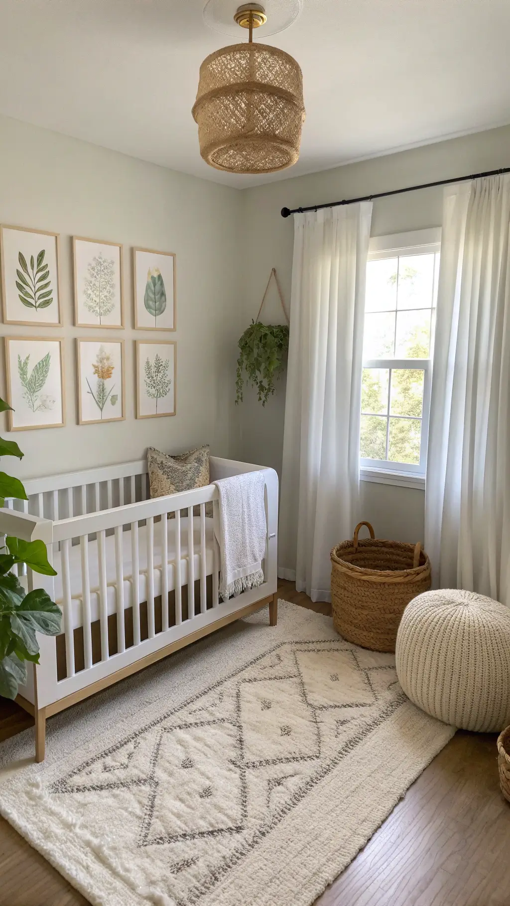 Sunny, sage-green nursery with modern white spindle crib, oatmeal-colored glider, cream wool rug, seagrass baskets, and botanical prints in brass frames