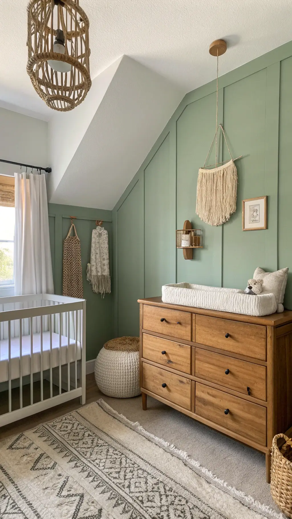 Sage green nursery with vintage wooden dresser, rattan pendant lighting, and various textured decor at golden hour